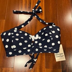 New NWT Unique‎ Vintage Bikini Swim Top Blue White Polka Dot Sailor Bow Sz Large